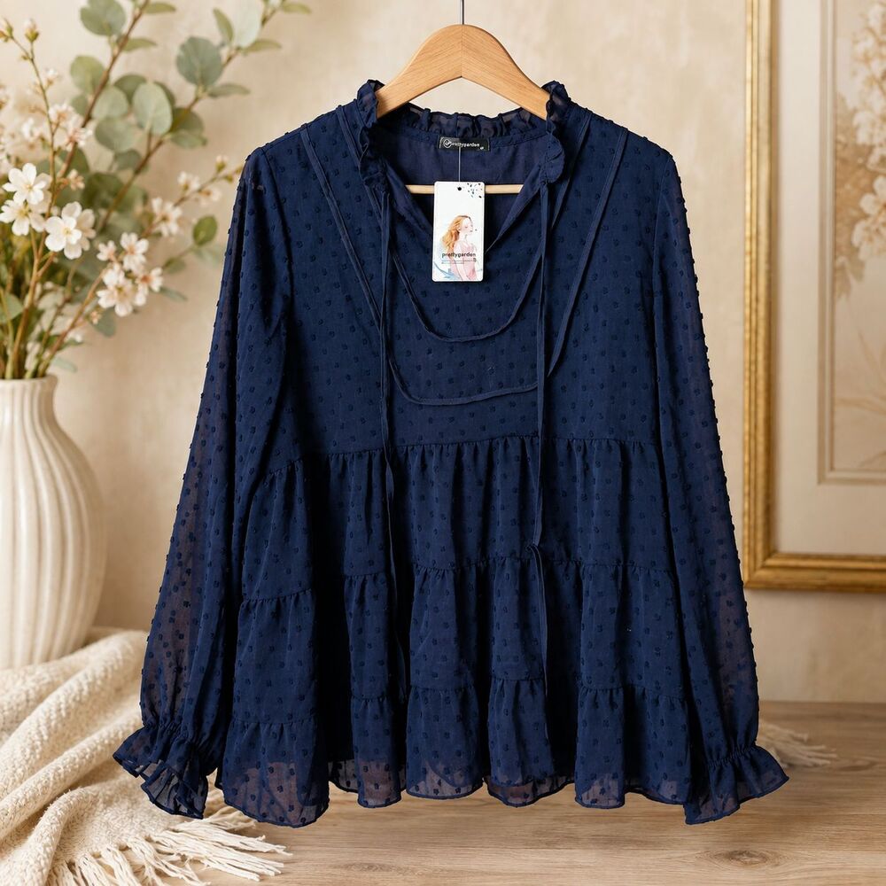 PRETTYGARDEN Women's Navy Blue Swiss Dot Tiered Ruffle Chiffon Blouse Size M NWT
